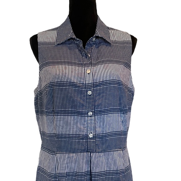 Nine West blue sleeveless check pattern button front pleated cotton dress size14 - Picture 2 of 16